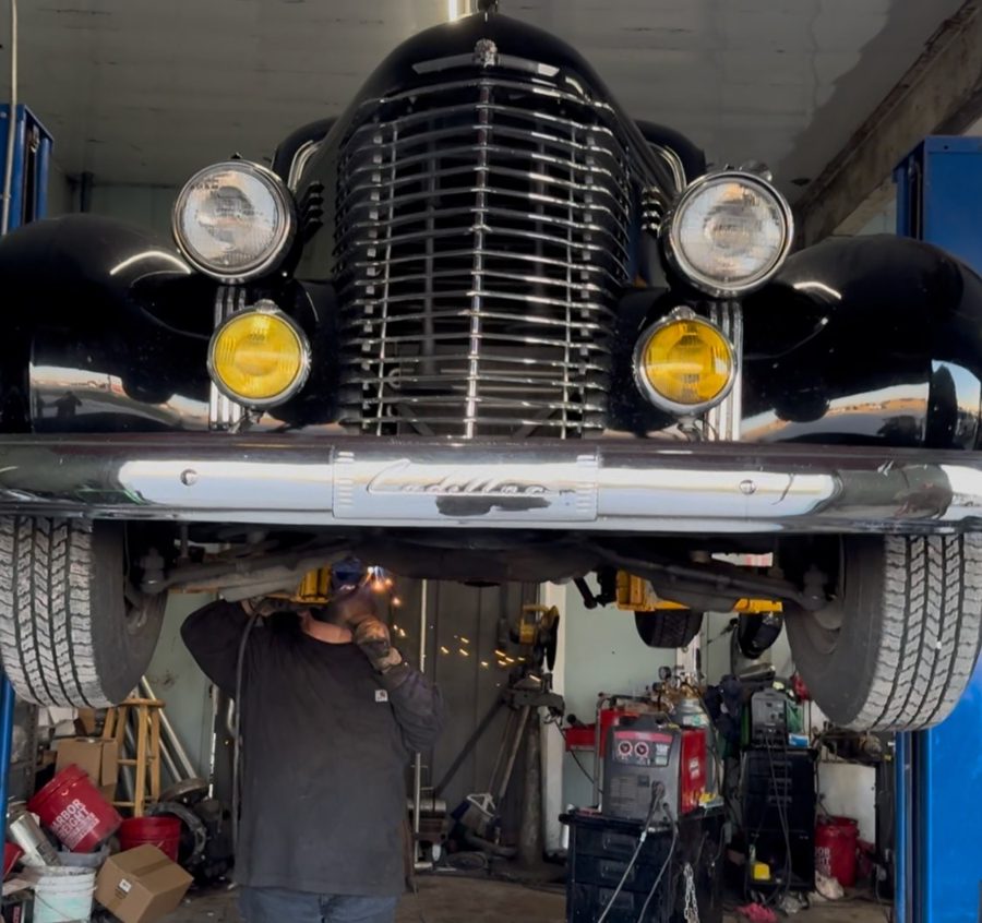 Classic Cadillac front end during welding work